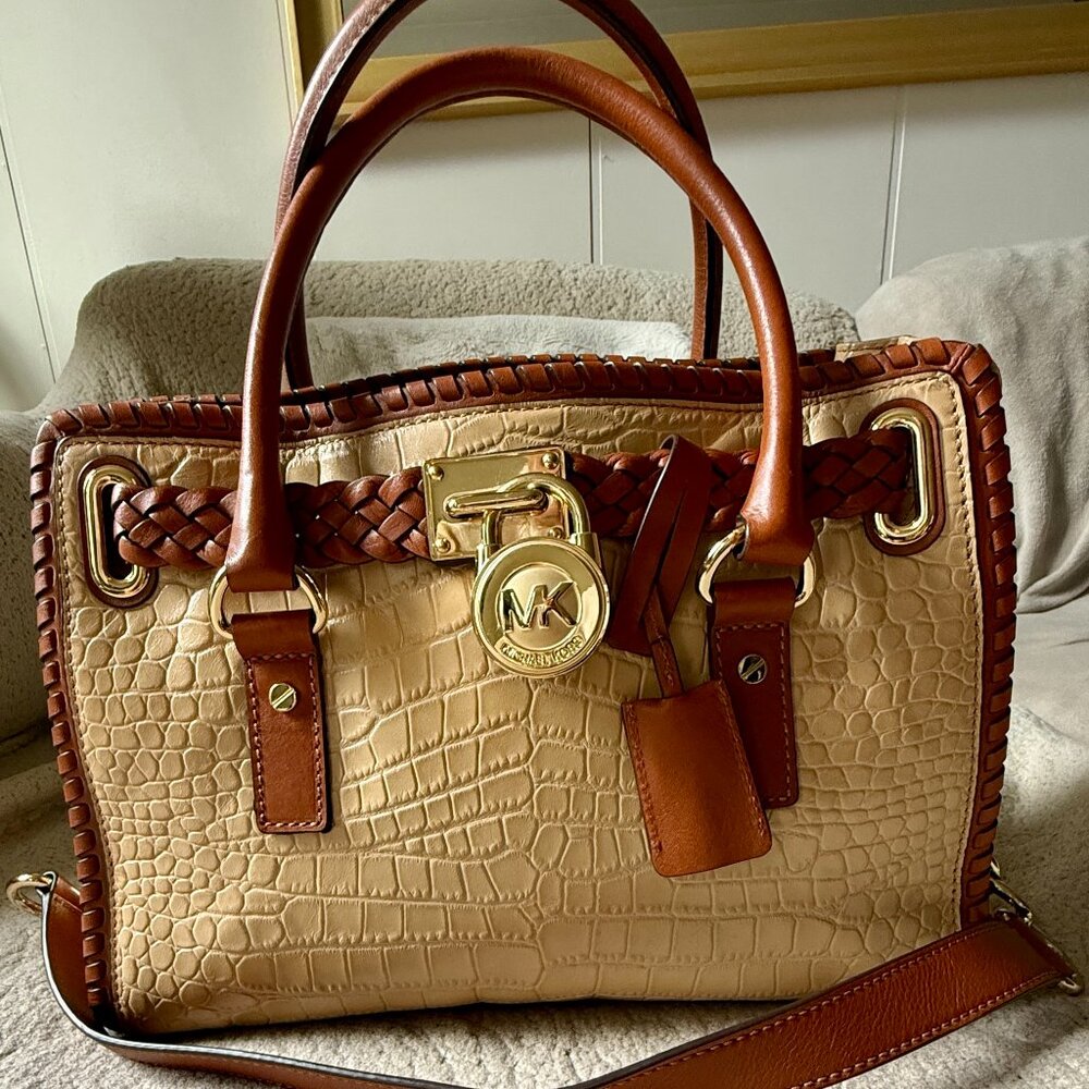 Michael Kors Hamilton bag, Beige & Brown Croc Embossed Leather Shoulder Bag Lock